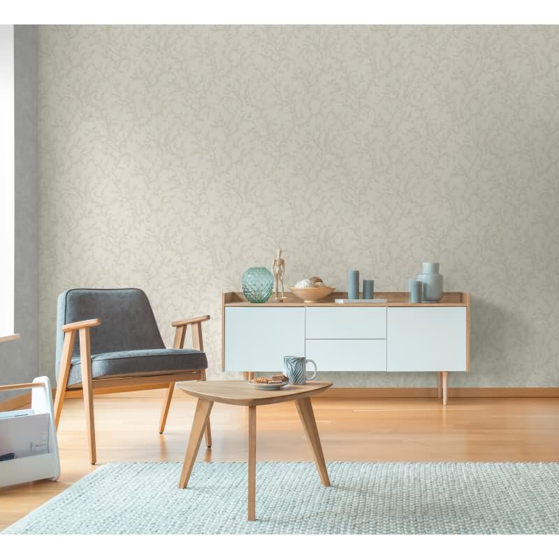 Florale Vliestapete Hellgrau Creme - Zweigmuster Ton-in-Ton - Tapete dezent & elegant (790903)