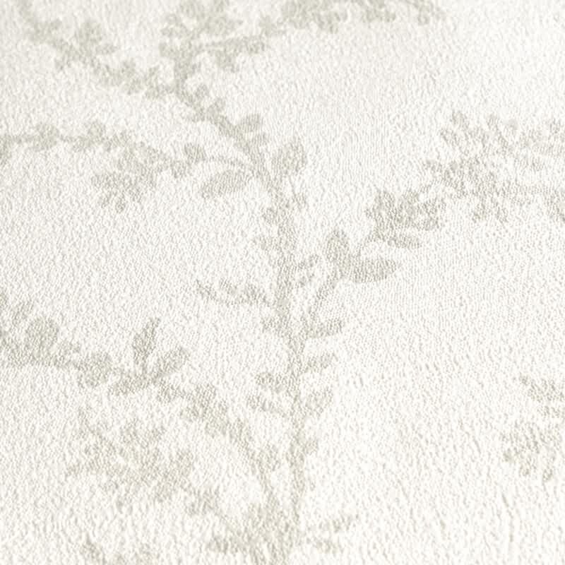 Florale Vliestapete Hellgrau Creme - Zweigmuster Ton-in-Ton - Tapete dezent & elegant (790903)
