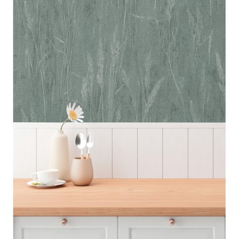Gräser-Tapete Türkis Silber - Vliestapete mit Naturmotiv und Glanzstruktur (790941)
