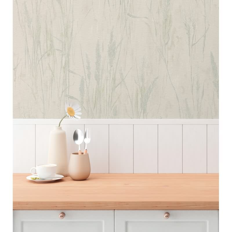 Gräser-Tapete Creme Blau Grün - Vliestapete Naturmotiv in Leinenstruktur (790945)