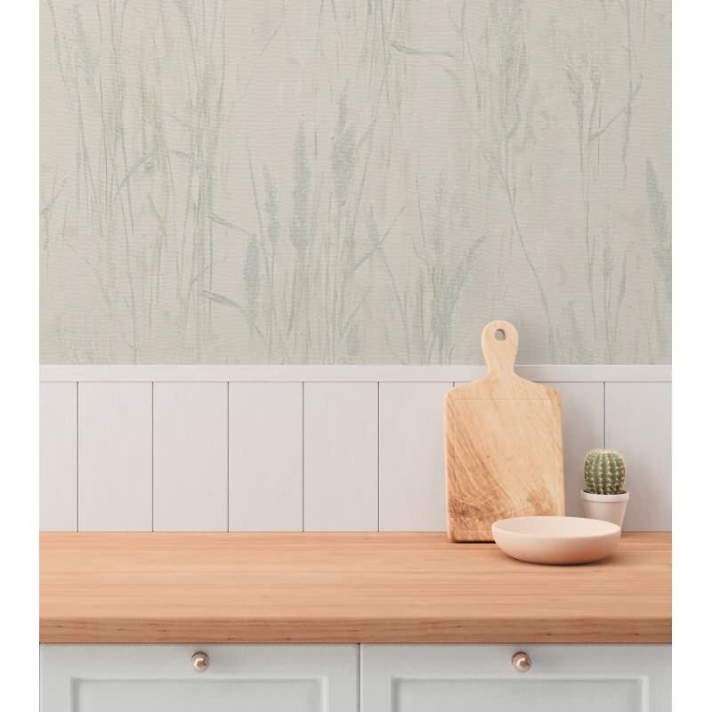 Gräser-Tapete Creme Blau Grün - Vliestapete Naturmotiv in Leinenstruktur (790945)
