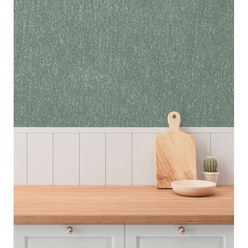 Strukturtapete in Putzoptik Grün Grau - Vliestapete modern mit Glanzstruktur (790952)