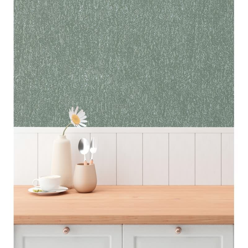 Strukturtapete in Putzoptik Grün Grau - Vliestapete modern mit Glanzstruktur (790952)