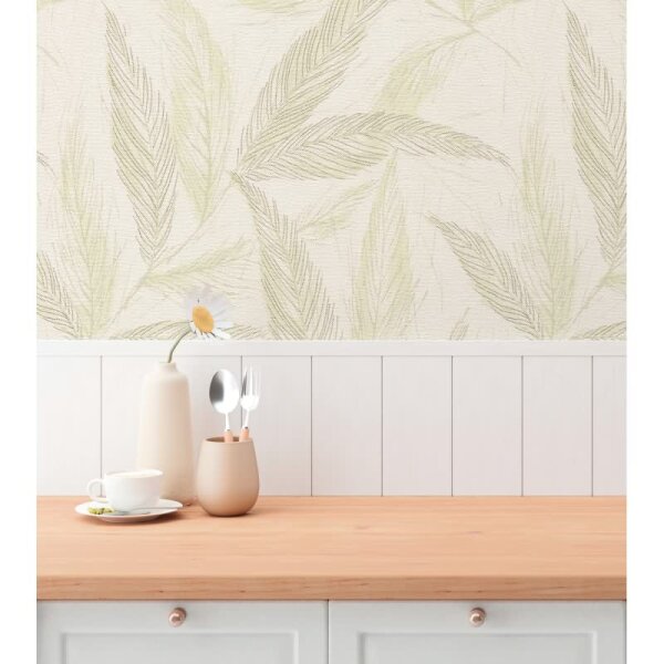 Palmblatt-Tapete Creme Grün - Vliestapete mit Blattmuster in Leinenoptik (790961)