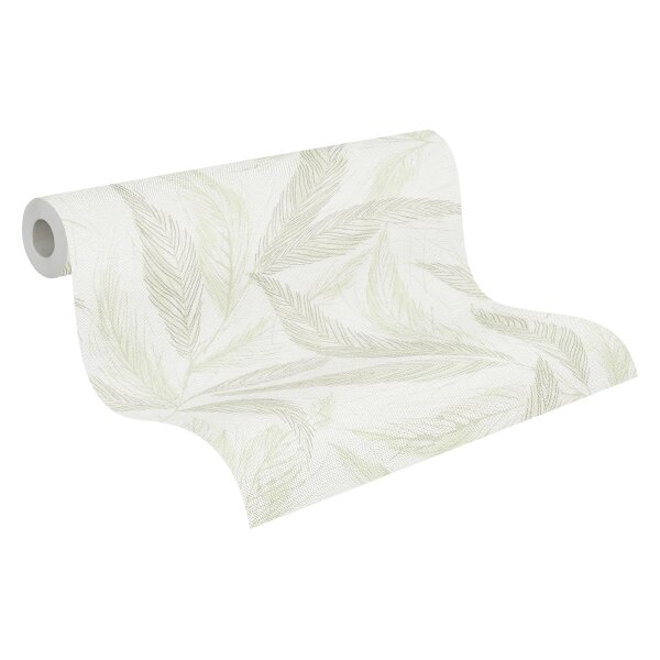 Palmblatt-Tapete Creme Grün - Vliestapete mit Blattmuster in Leinenoptik (790961)