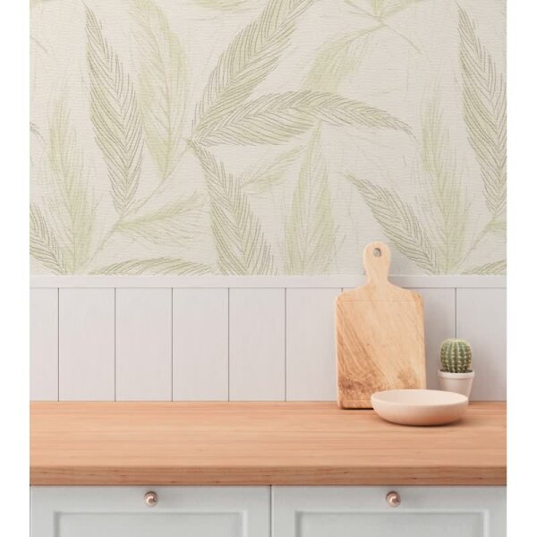 Palmblatt-Tapete Creme Grün - Vliestapete mit Blattmuster in Leinenoptik (790961)