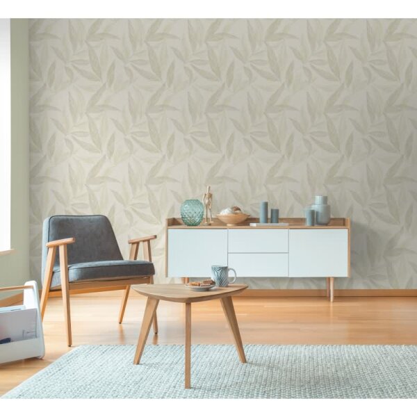 Palmblatt-Tapete Creme Grün - Vliestapete mit Blattmuster in Leinenoptik (790961)