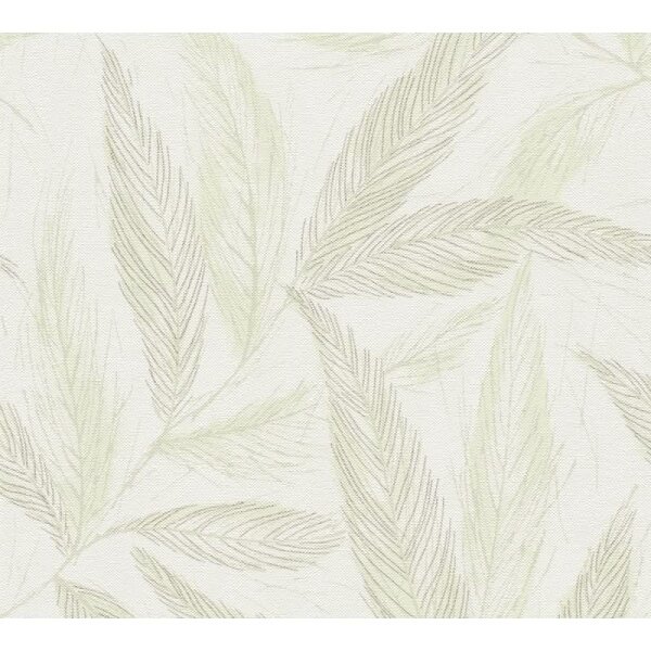 Palmblatt-Tapete Creme Grün - Vliestapete mit Blattmuster in Leinenoptik (790961)