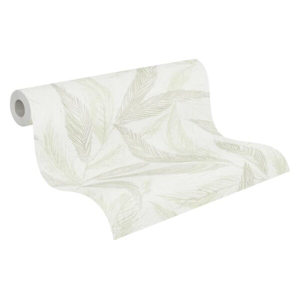 Palmblatt-Tapete Creme Grün - Vliestapete mit Blattmuster in Leinenoptik (790961)