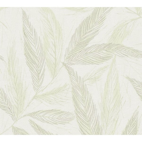 Palmblatt-Tapete Creme Grün - Vliestapete mit Blattmuster in Leinenoptik (790961)