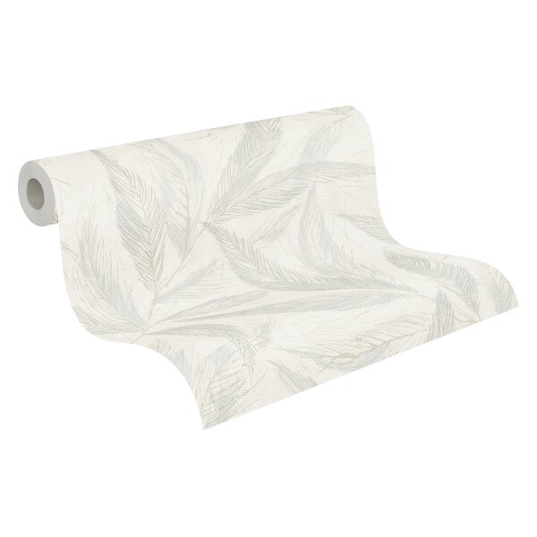 Palmblatt-Tapete Creme Blau - Vliestapete mit Blattmuster in Leinenstruktur (790963)