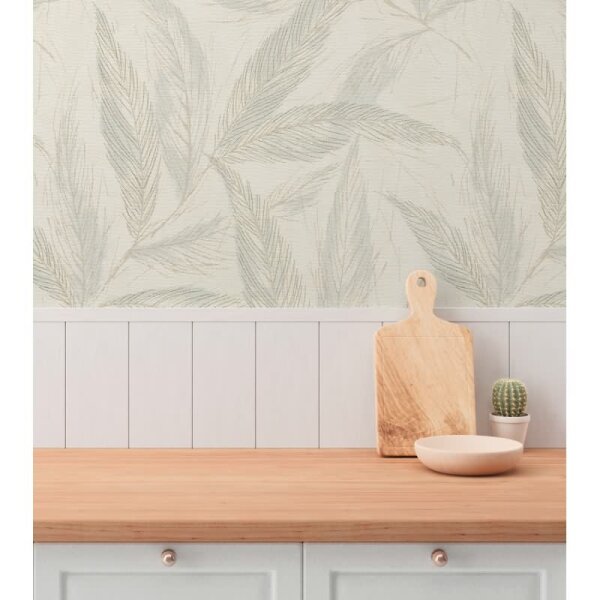Palmblatt-Tapete Creme Blau - Vliestapete mit Blattmuster in Leinenstruktur (790963)