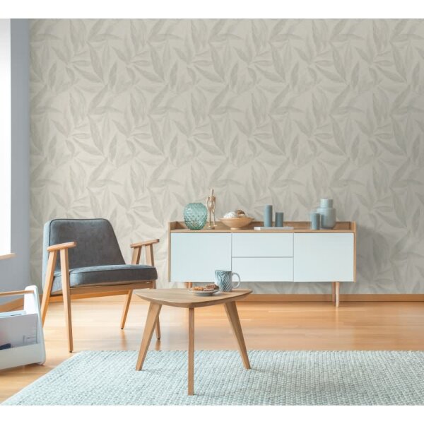 Palmblatt-Tapete Creme Blau - Vliestapete mit Blattmuster in Leinenstruktur (790963)