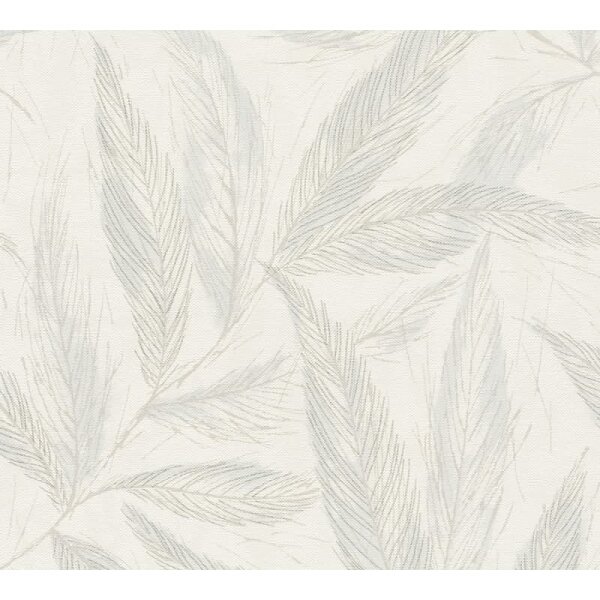 Palmblatt-Tapete Creme Blau - Vliestapete mit Blattmuster in Leinenstruktur (790963)