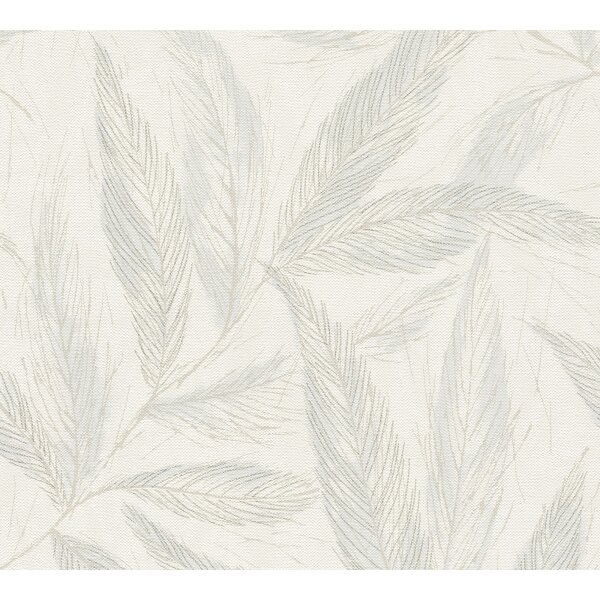 Palmblatt-Tapete Creme Blau - Vliestapete mit Blattmuster in Leinenstruktur (790963)
