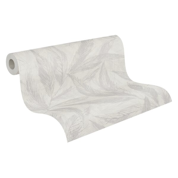 Palmblatt-Tapete Grau Creme - Vliestapete mit Blattmuster in Leinenstruktur (790964)