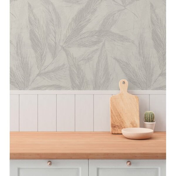 Palmblatt-Tapete Grau Creme - Vliestapete mit Blattmuster in Leinenstruktur (790964)