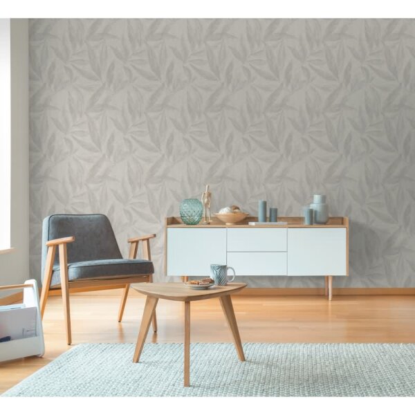 Palmblatt-Tapete Grau Creme - Vliestapete mit Blattmuster in Leinenstruktur (790964)