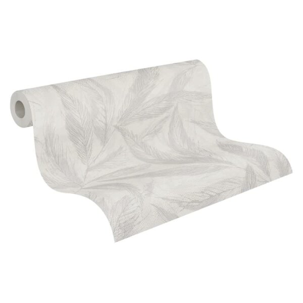 Palmblatt-Tapete Grau Creme - Vliestapete mit Blattmuster in Leinenstruktur (790964)