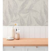 Palmblatt-Tapete Grau Creme - Vliestapete mit Blattmuster...