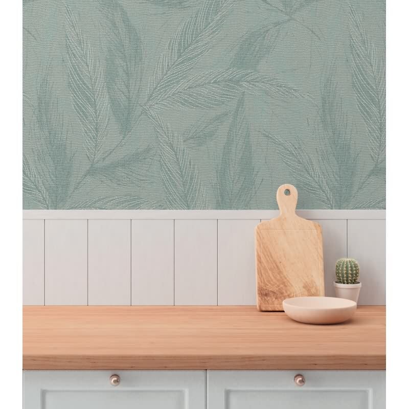 Palmblatt-Tapete Türkis Grün - Vliestapete mit Blattstruktur Leinenoptik (790965)