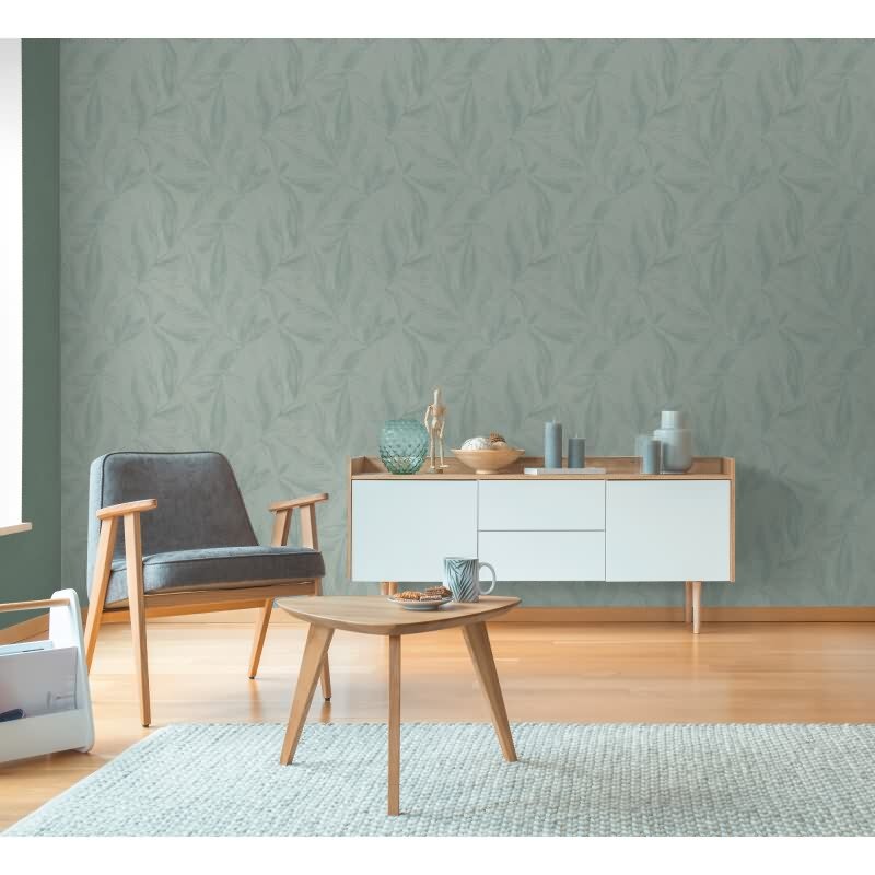 Palmblatt-Tapete Türkis Grün - Vliestapete mit Blattstruktur Leinenoptik (790965)