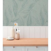 Palmblatt-Tapete T&uuml;rkis Gr&uuml;n - Vliestapete mit...