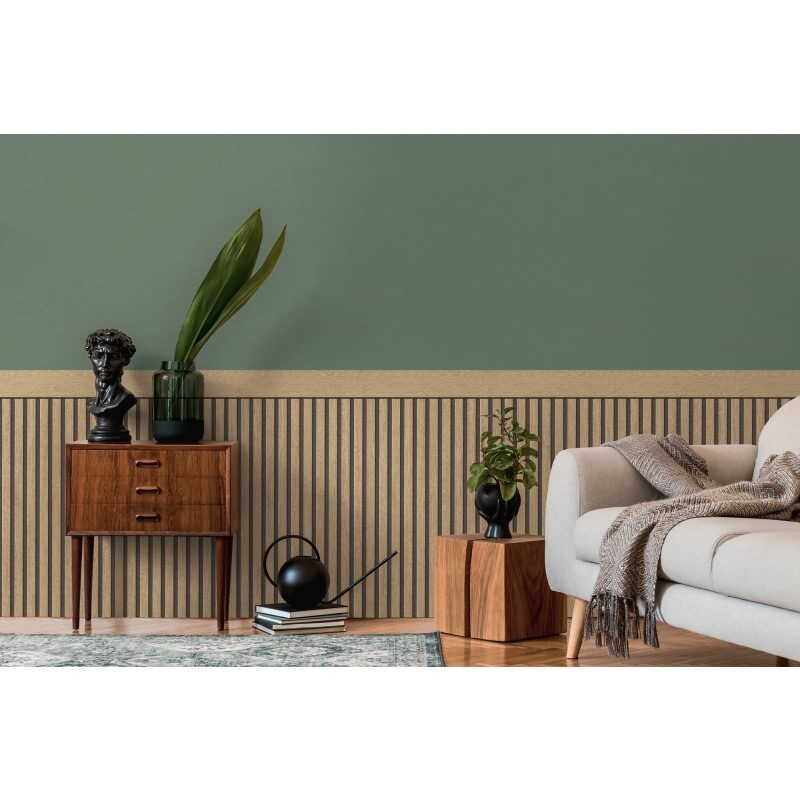 Sockeltapete in Holzoptik Beige Schwarz - Wandpaneel im Streifen-Design - Vliestapete (397441)