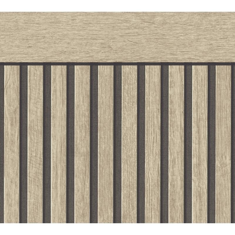 Sockeltapete in Holzoptik Beige Schwarz - Wandpaneel im Streifen-Design - Vliestapete (397441)