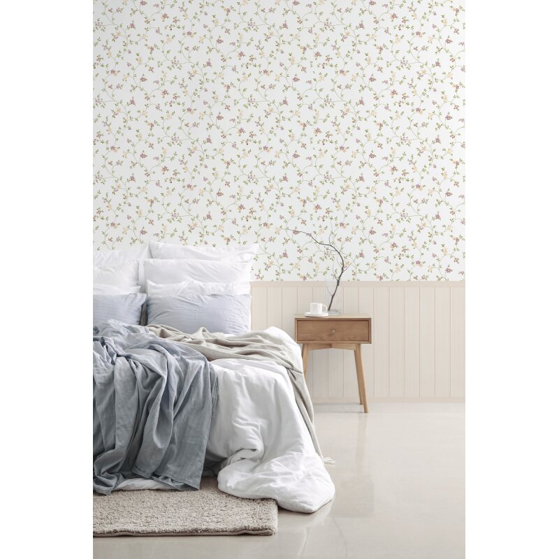 Fototapete Blumenranken mit Holzpaneel Weiß Rosa - Vliestapete Landhausstil (398051)