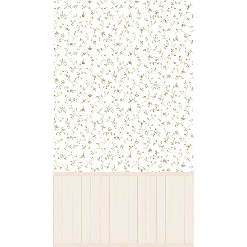 Fototapete Blumenranken mit Holzpaneel Weiß Rosa - Vliestapete Landhausstil (398051)