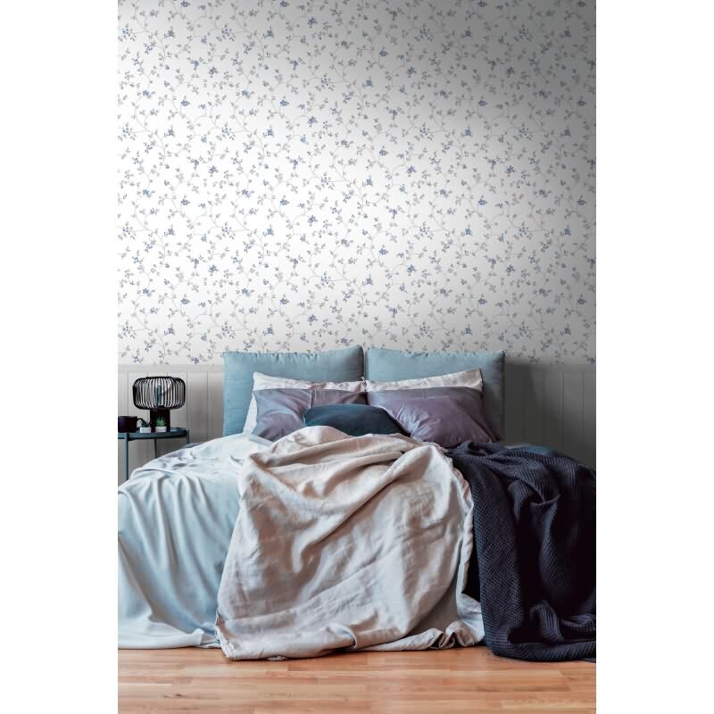 Fototapete Blumenranken Blau mit weißem Holzpaneel - Vliestapete erweiterbar Landhausstil (398052)