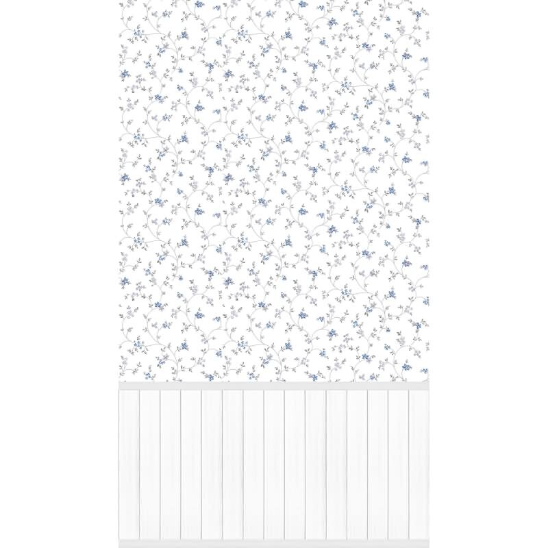 Fototapete Blumenranken Blau mit weißem Holzpaneel - Vliestapete erweiterbar Landhausstil (398052)