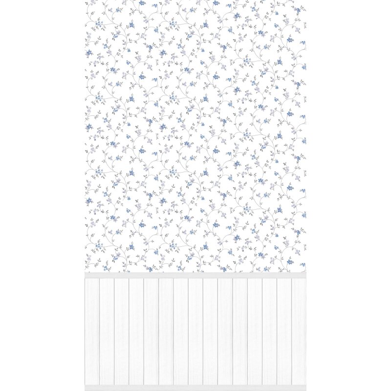 Fototapete Blumenranken Blau mit weißem Holzpaneel - Vliestapete erweiterbar Landhausstil (398052)