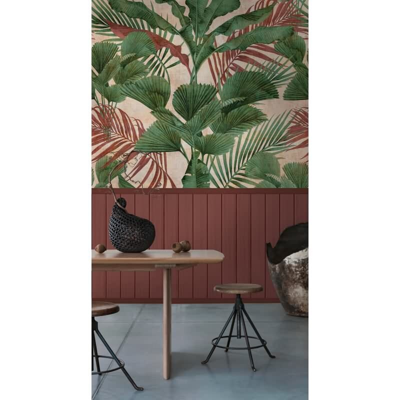 Fototapete Dschungelblätter mit Bordüre Grün Rot - Vliestapete erweiterbar exotisch (398081)