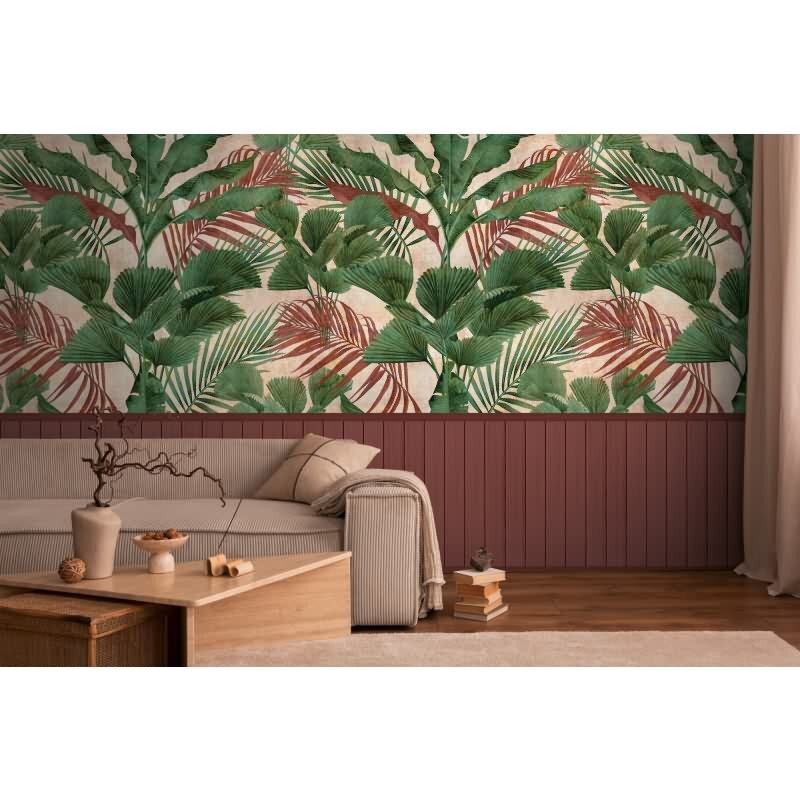 Fototapete Dschungelblätter mit Bordüre Grün Rot - Vliestapete erweiterbar exotisch (398081)