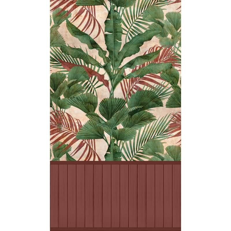 Fototapete Dschungelblätter mit Bordüre Grün Rot - Vliestapete erweiterbar exotisch (398081)