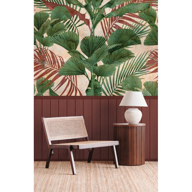 Fototapete Dschungelblätter mit Bordüre Grün Rot - Vliestapete erweiterbar exotisch (398081)