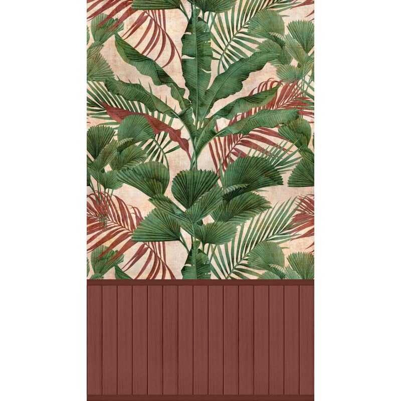 Fototapete Dschungelblätter mit Bordüre Grün Rot - Vliestapete erweiterbar exotisch (398081)