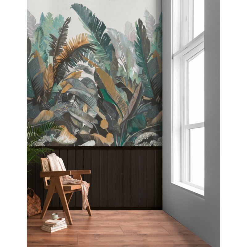 Fototapete Tropenblätter mit Holzpaneel Dunkelbraun - Vliestapete exotisch erweiterbar (398091)