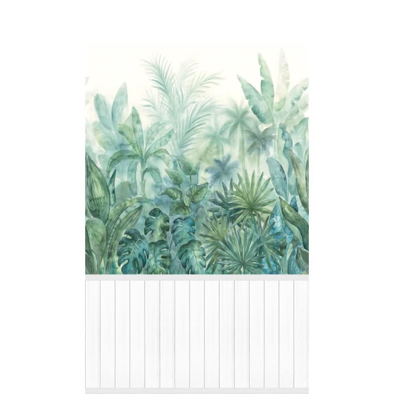 Fototapete Aquarell-Dschungel mit Holzpaneel Weiß - Vliestapete erweiterbar tropisch (398101)
