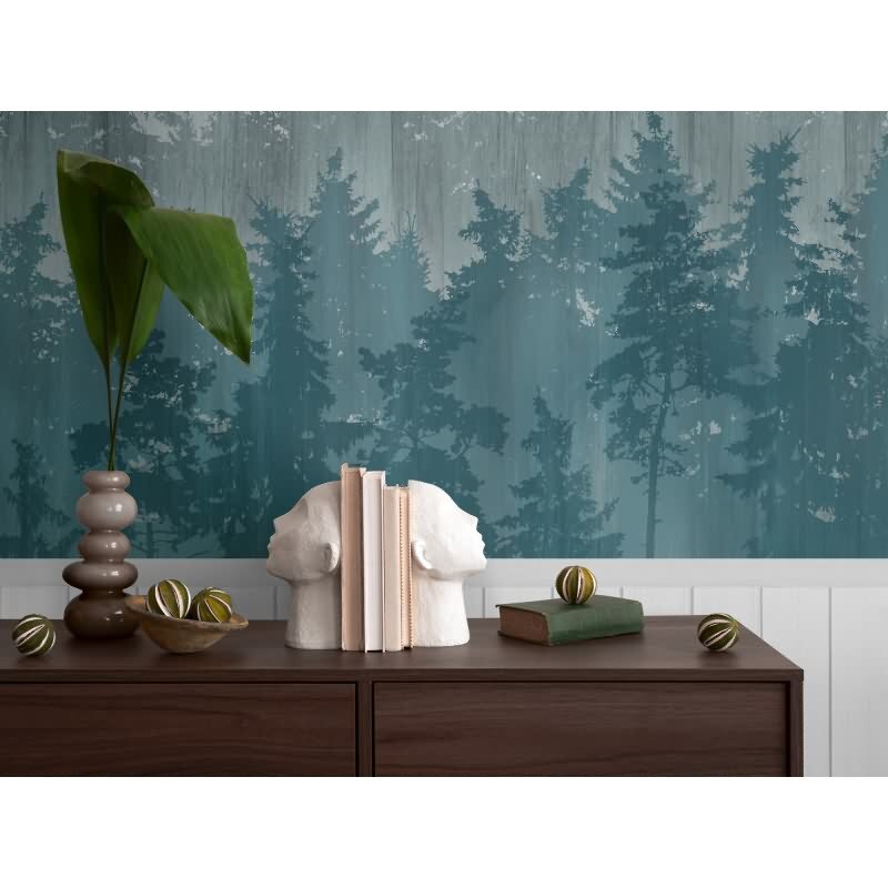 Fototapete Waldlandschaft in Nebeloptik Blau Grau - Vliestapete mit Paneel erweiterbar (398111)