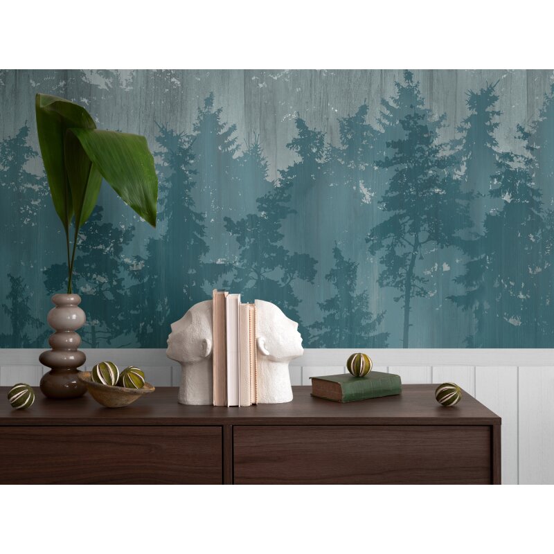 Fototapete Waldlandschaft in Nebeloptik Blau Grau - Vliestapete mit Paneel erweiterbar (398111)