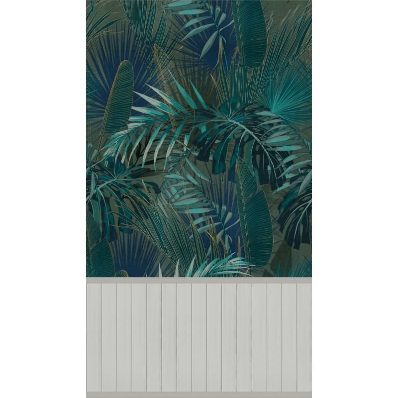 Fototapete Tropenblätter Dunkelgrün Blau mit Holzpaneel Grau - Vliestapete modern (398121)