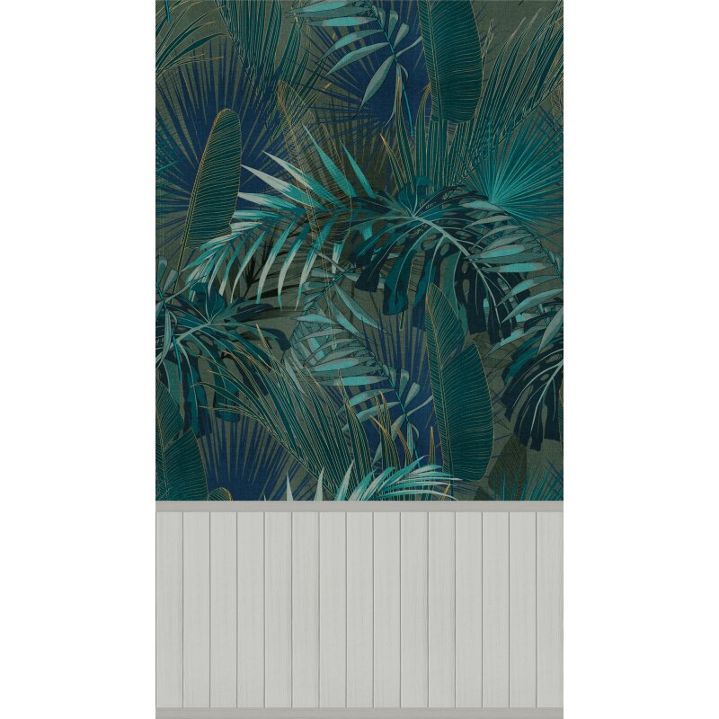 Fototapete Tropenblätter Dunkelgrün Blau mit Holzpaneel Grau - Vliestapete modern (398121)