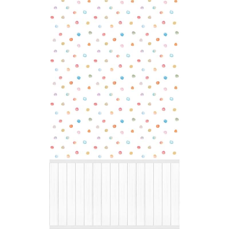 Fototapete Bunte Punkte auf Weiß mit Holzpaneel - Vliestapete verspielt erweiterbar (398141)