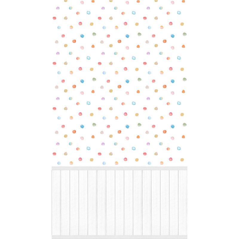 Fototapete Bunte Punkte auf Weiß mit Holzpaneel - Vliestapete verspielt erweiterbar (398141)