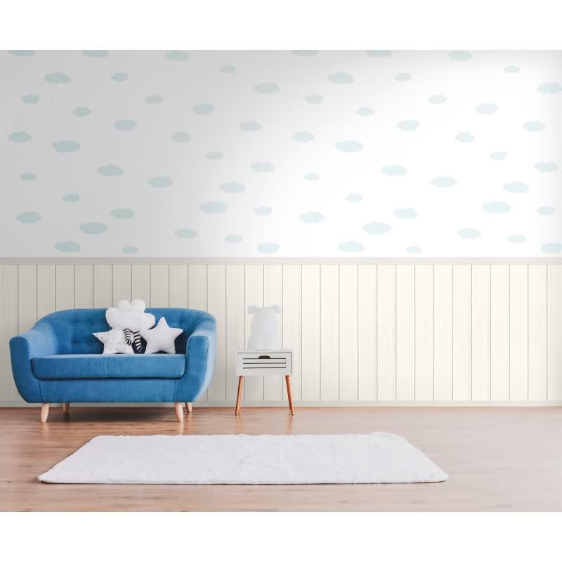 Fototapete Wolkenmuster Weiß Hellblau mit Holzpaneel - Vliestapete Kinderzimmer (398162)