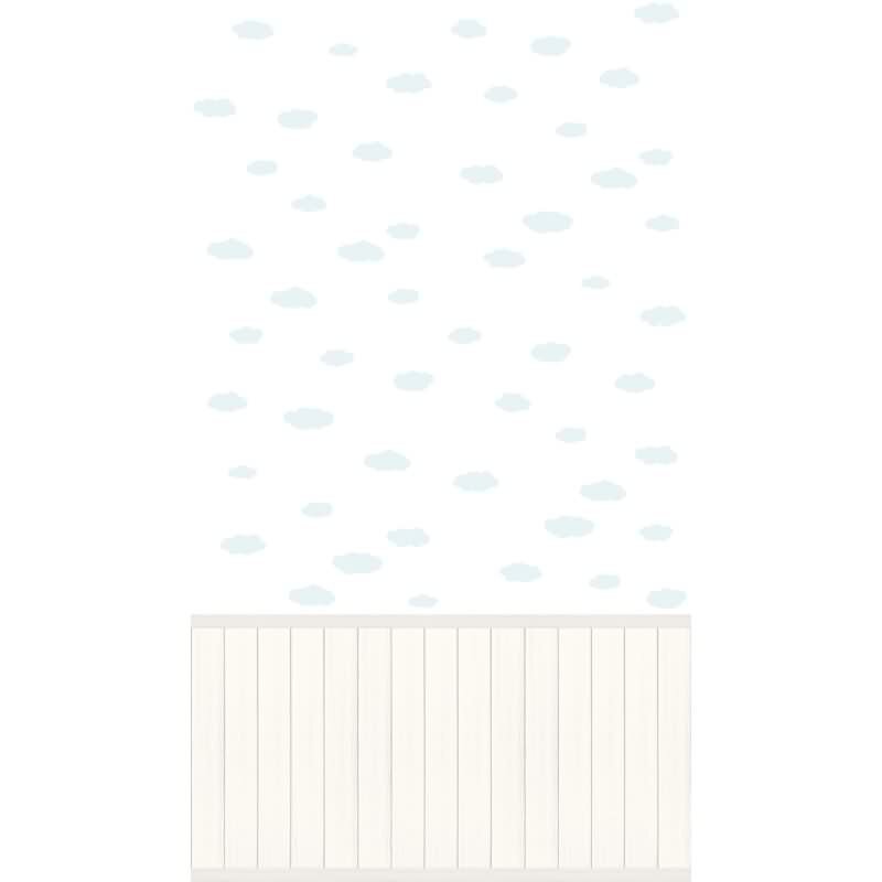 Fototapete Wolkenmuster Weiß Hellblau mit Holzpaneel - Vliestapete Kinderzimmer (398162)
