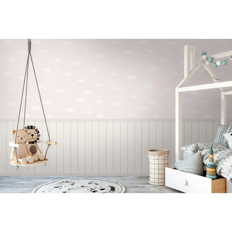 Fototapete Rosa Wolken mit Holzpaneel Weiß - Vliestapete Kinderzimmer erweiterbar (398163)